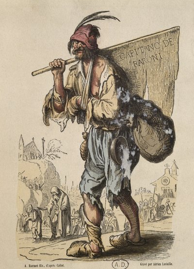 Kaptajn af Bohemians, efter Jacques Callot (1592-1635) graveret af Adrien Lavieille (1818-62) (farvestik) af Albert Charles August Racinet