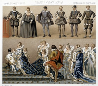 Kostumer af dronning Marguerite af Frankrig (nederst) og Henrik IV (øverst) i det 17. og 18. århundrede. Illustration i "" Le costume historique"" af Racinet af Albert Charles August Racinet