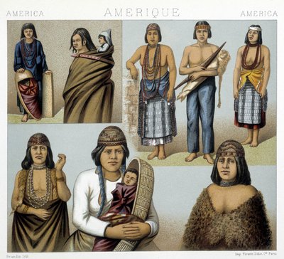 Kostumer af de californiske indianere. Illustration i "Det historiske kostume" af Racinet af Albert Charles August Racinet