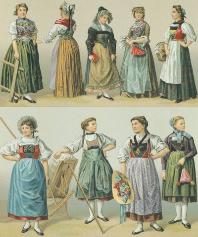 Kantonernes kostumer, illustration fra The Complete Costume History af Racinet Auguste af Albert Charles August Racinet