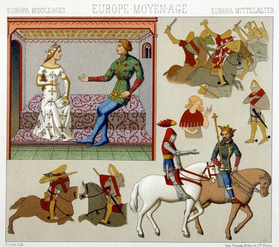 Middelalderens kostumer i Frankrig. Kromolitografisk plade - i "" Le costume historique"" af Racinet af Albert Charles August Racinet