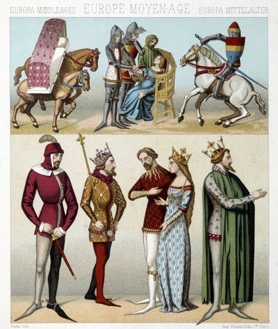 Middelalderens kostumer i Frankrig. Illustration i "Le costume historique"" af Racinet af Albert Charles August Racinet