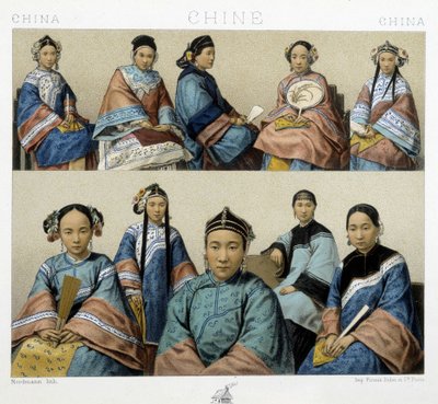 Forskellige typer kvinder i Kina - i "" Det historiske kostume"" af Racinet af Albert Charles August Racinet