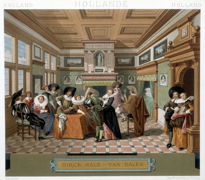 Hollænder i kostumer og i et 1700-tals interiør. Illustration i "" Le costume historique"" af Racinet af Albert Charles August Racinet