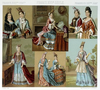 Mode og frisør i Frankrig i det 18. århundrede - i "" Le costume historique"" af Racinet, slutningen af det 19. århundrede af Albert Charles August Racinet