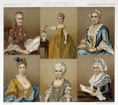 Fransk feminin mode i det 18. århundrede. Illustration i "" Le costume historique"" af Racinet af Albert Charles August Racinet