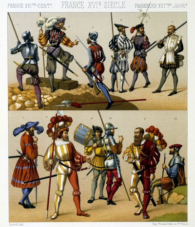 Franske militærdragter i det 16. århundrede. Kromolitografisk plade - i "" Le costume historique"" af Racinet af Albert Charles August Racinet
