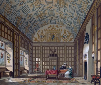 Interiør af engelsk bolig fra det 16. århundrede, litografi af Gaulard fra Le Costume historique (The Complete Costume History) af Albert Charles August Racinet