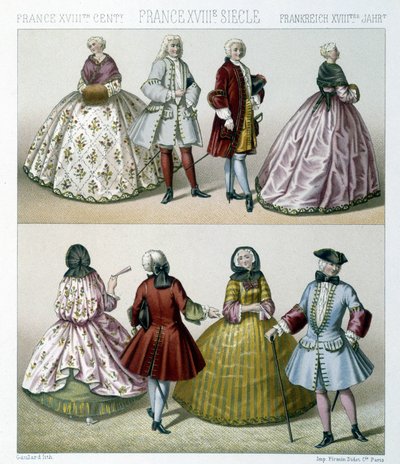 Mænd og kvinder iført moderigtige kostumer fra det 18. århundrede i Frankrig. Illustration i "" Le costume historique"" af Racinet af Albert Charles August Racinet