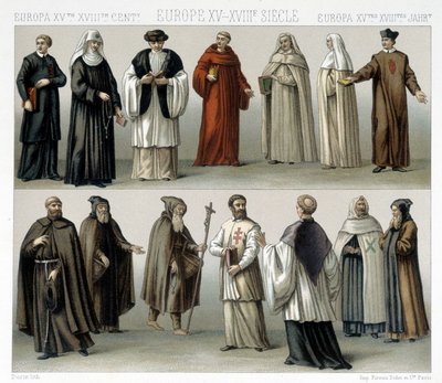 Klosterdragter i Europa fra det 15. til det 18. århundrede. Illustration i "" Le costume historique"" af Racinet af Albert Charles August Racinet
