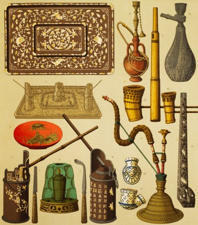 Pibe og genstande brugt af rygere, litografi af Schmidt fra The Complete Costume History, første bind, af Auguste Racinet (1825-1893), Paris af Albert Charles August Racinet