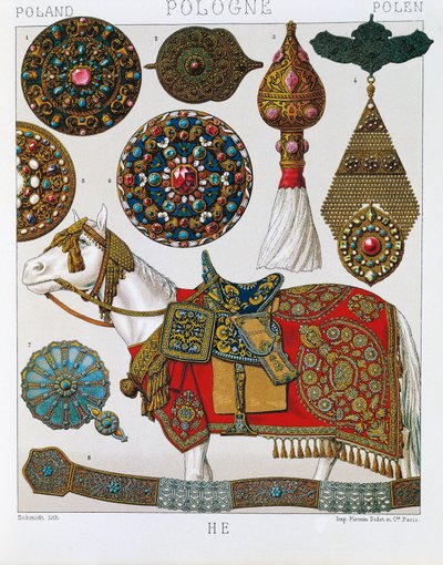 Polske ornamenter, hestehusarer, litografi taget fra Schmidts Costume historique, bind V af Albert Charles August Racinet