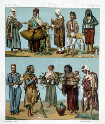 Populære kostumer i Afrika. Illustration i "Det historiske kostume"" af Racinet af Albert Charles August Racinet
