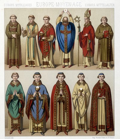 Religiøse dragter i Europa i middelalderen. Illustration i "" Le costume historique"" af Racinet af Albert Charles August Racinet