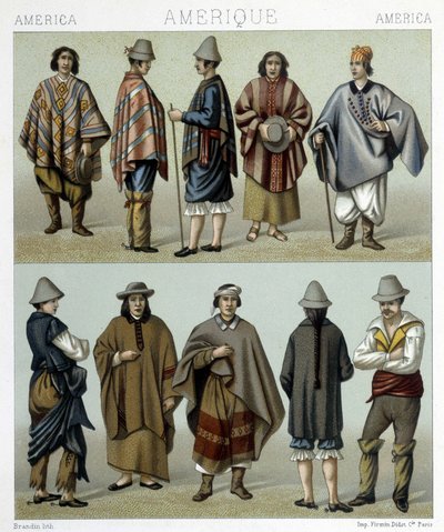 Traditionelle kostumer fra Chile. Illustration i "Det historiske kostume" af Racinet af Albert Charles August Racinet