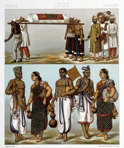 Traditionelle dragter af muslimer (øverst på billedet) og hinduer (nederst), der bor i Indien. Illustration i "" Le costume historique"" af Racinet af Albert Charles August Racinet