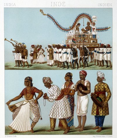 Transport, musik, dans og traditionelle kostumer i Indien. Illustration i "" Le costume historique"" af Racinet af Albert Charles August Racinet