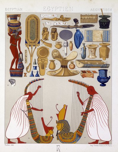 Forskellige antikke genstande fra Egypten - i "" Det historiske kostume"" af Racinet af Albert Charles August Racinet
