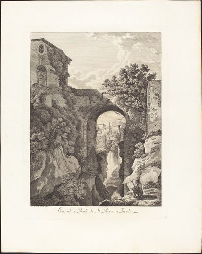 Vandfald og Ponte di San Rocco i Tivoli af Albert Christoph Dies