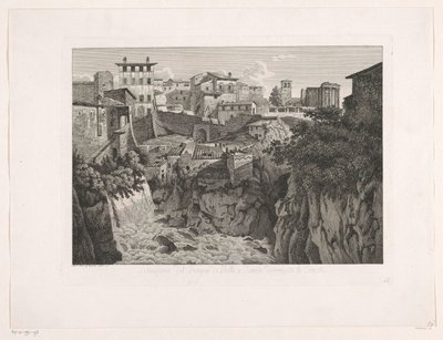 Udsigt over Tivoli, med Vesta-templet i det fjerne Situazione del Tempio di Vesta a Tivoli dirimpetto la Cascata (titel på objektet) Malay Radirte Prospekte aus Italien (serietitel) af Albert Christoph Dies