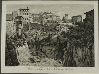 Scene fra Vesta-templet i Tivoli med udsigt til kaskaderne af Albert Christoph Dies