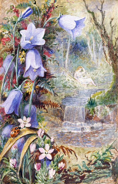 "Landskab af Arkadien, repræsenteret som lykkens land. En kvinde sidder ved et vandløb, og en mariehøne hviler på en plante. Maleri af Albert Durer Lucas (1828-1918) 1880 Privat samling af Albert Durer Lucas