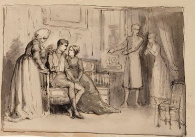 Kaptajnens hjemkomst, kompositionsstudie. Illustrationer til »Julqvällen« (Juleaften) af J. L. Runeberg af Albert Edelfelt