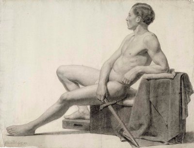Siddende mandlig model med et sværd i hånden, akademisk studie af Albert Edelfelt
