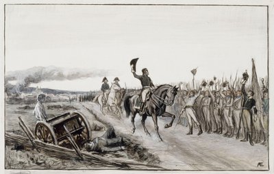 Von Döbeln hilser på sine tropper fra digtet nummer femten, »Stolt« (originaltegning til »Fændrik Ståls eventyr«) af Albert Edelfelt
