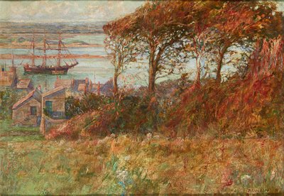 Skovbevoksning over havnen om efteråret (olie på lærred) af Albert Ernest Victor Lilley