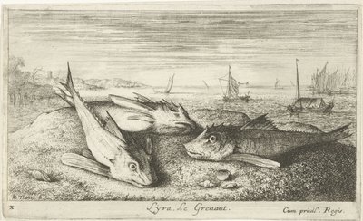 Tre saltvandsfisk på stranden Lyta, Le grenaut. (titel på objekt) Fisk og andre havdyr - saltvands første serie (serietitel) Diverse Especes de Poissons de mer (serietitel) af Albert Flamen
