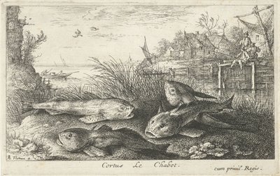 Fire chubs på en flodbred Cortus LeChabot. (titel på objekt) Fisk og andre havdyr - ferskvands anden serie (serietitel) Seconde partie de Poissons d