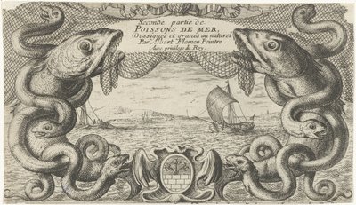 Havlandskab med kant af havdyr og et fiskenet Fisk og andre havdyr - saltvands anden serie (serietitel) Poissons de mer (serietitel på objekt) af Albert Flamen