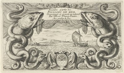 Havlandskab med kant af havdyr og et fiskenet Fisk og andre havdyr - saltvands anden serie (serietitel) Poissons de mer (serietitel på objekt) af Albert Flamen