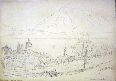 Thun-søen, Oberhofen (blæk og blyant på papir) af Albert Goodwin