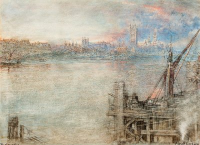 Westminster med Houses of Parliament ved solnedgang (pen  sort blæk  akvarel med ridser på papir) af Albert Goodwin