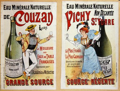 Annoncering for Couzan og Vichy mineralvand, ca. 1900 (farve litho) af Albert Guillaume