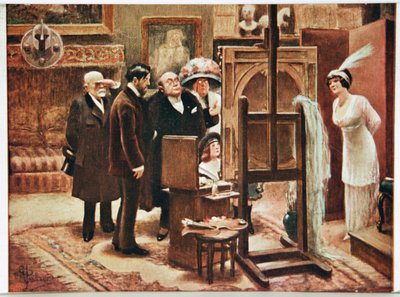 Kunst. Finere kunst. Maler, der viser sin skabelse. Postkort af Alfred Guillaume, Frankrig, ca. 1920 (postkort) af Albert Guillaume