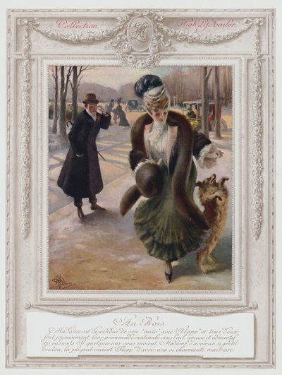 Belle Epoque Paris, moderigtig dame i Bois de Boulogne (farve litho) af Albert Guillaume