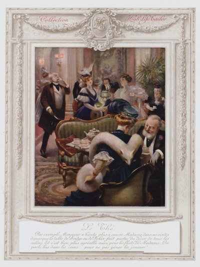 Belle Epoque Paris, moderigtig dame, der tager te (farve litho) af Albert Guillaume