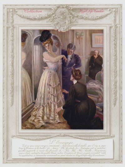 Belle Epoque Paris, moderigtig dame, prøver en kjole (farve litho) af Albert Guillaume