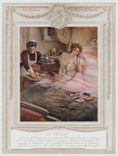 Belle Epoque Paris, moderigtig dame vågner op (farve litho) af Albert Guillaume