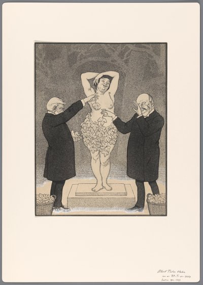 Design til en politisk tegneserie: to herrer dækker en stående nøgen kvinde med figenblade af Albert Hahn (I)