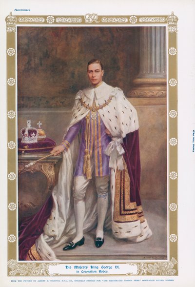 Kong George VI i sine kroningsdragter (farve litho) af Albert Henry (after) Collings