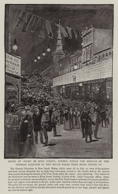 Scene om natten i King Street, Sydney, mens resultaterne af parlamentsvalget i New South Wales blev offentliggjort af Albert Henry Fullwood