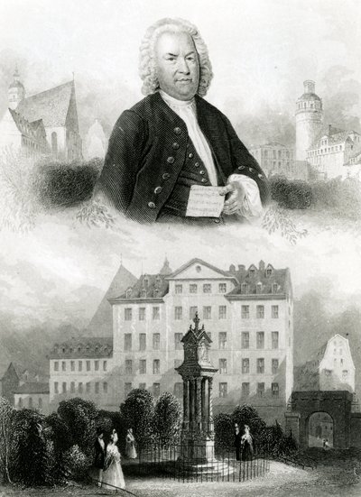 Portræt af Johann Sebastian Bach (1685-1750) og monument af Albert Henry Payne
