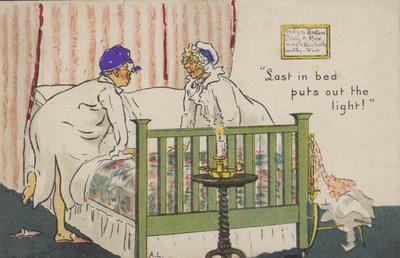 "Sidst i seng slukker lyset!" (farve litho) af Albert Jnr. Ludovici