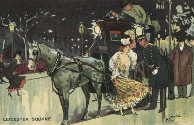 Kvinde forlader en vogn, Leicester Square (farve litho) af Albert Jnr. Ludovici