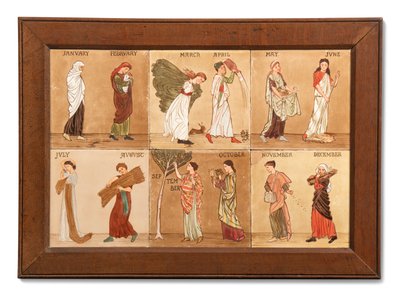 Seks Minton Hollis & Co fliser, der repræsenterer månederne, ca. 1880-99 (malet keramik) af Albert Joseph (attr.to) Moore