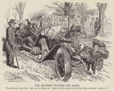 Tegneserie, der håner en mand, der kører sin bil over hastighedsgrænsen (litho) af Albert Levering